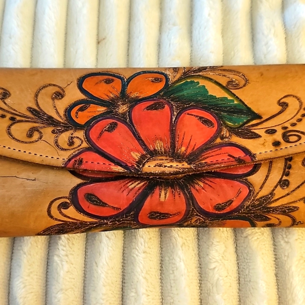 Handcrafted‎ Floral Leather Clutch. Good Used Condition